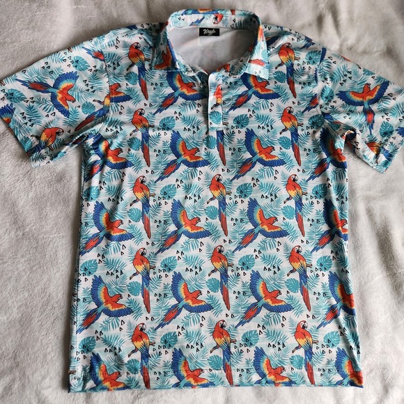 Waggle Golf Polo Shirt Tropical Parrot Macaws & Palm Tree Men's Large Looks NEW - Picture 2 of 7